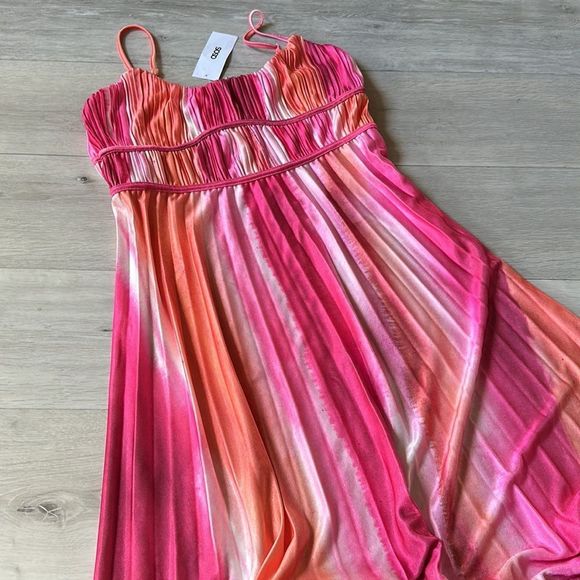 Asos Stripe Plissé Satin Maxi Dress Pink Multi Sz8 NWT - Picture 4 of 6